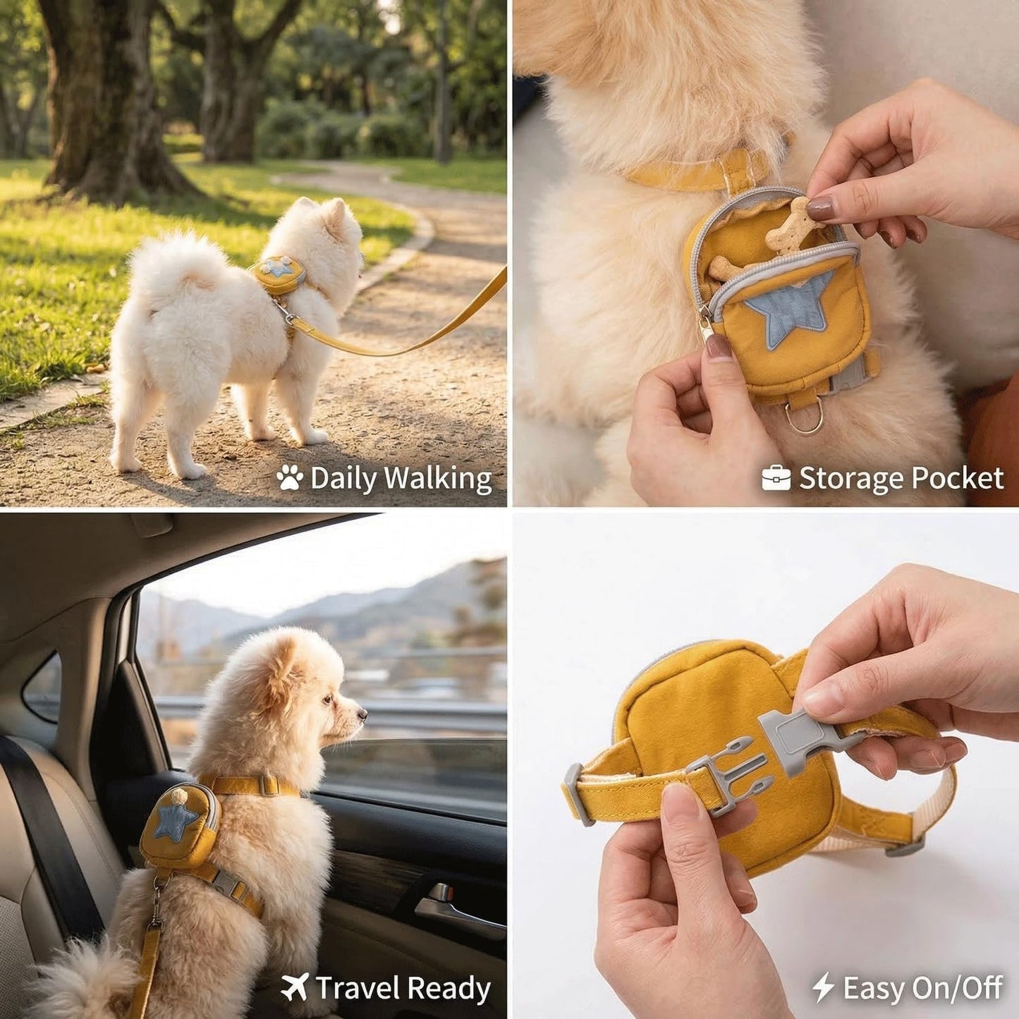 Pet Backpack Harness with Leash for Dogs and Cats, Adjustable Vest with Storage Pocket, Poop Bag Dispenser, Soft Breathable Nylon for Small Medium Pets Walking Hiking Travel (Yellow)