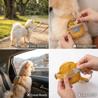Pet Backpack Harness with Leash for Dogs and Cats, Adjustable Vest with Storage Pocket, Poop Bag Dispenser, Soft Breathable Nylon for Small Medium Pets Walking Hiking Travel (Yellow)