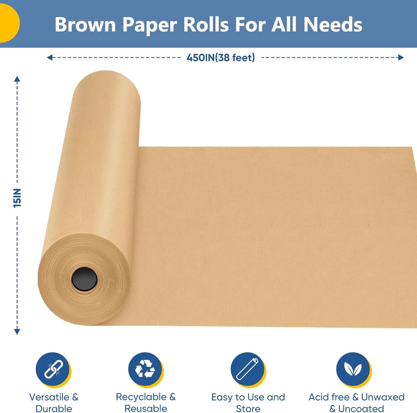 Brown Wrapping Paper, Kraft Paper Roll, Craft Decorative Paper 15" x 450" | Packing Paper for Moving Shipping Supplies, Poster Bulletin Board Paper Roll,Father Day Bouquet Flower Arts Crafts Gift Wrap