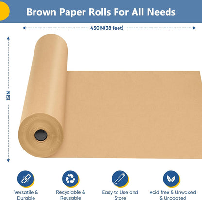 Brown Wrapping Paper, Kraft Paper Roll, Craft Decorative Paper 15" x 450" | Packing Paper for Moving Shipping Supplies, Poster Bulletin Board Paper Roll,Father Day Bouquet Flower Arts Crafts Gift Wrap