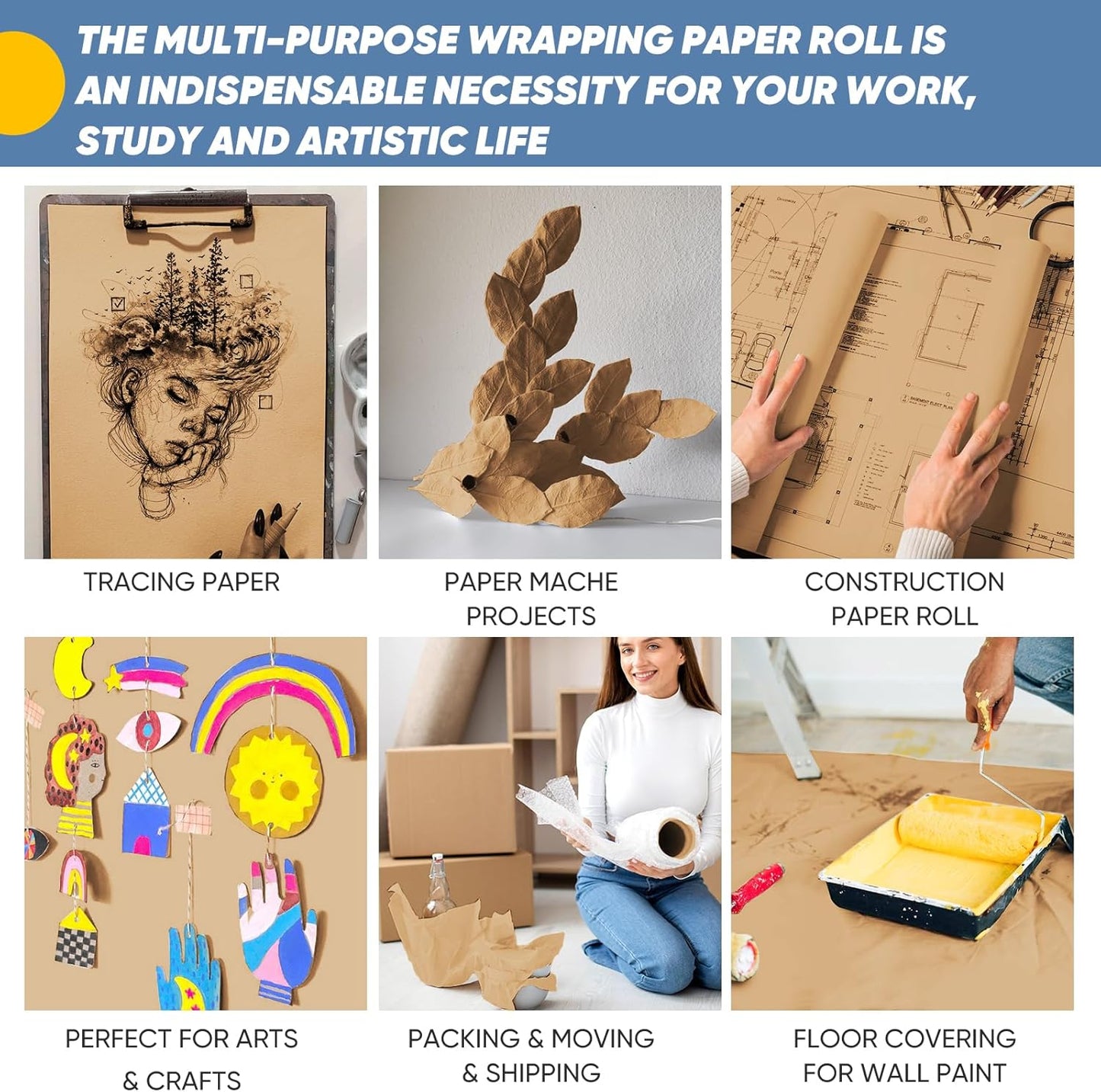Brown Wrapping Paper, Kraft Paper Roll, Craft Decorative Paper 15" x 450" | Packing Paper for Moving Shipping Supplies, Poster Bulletin Board Paper Roll,Father Day Bouquet Flower Arts Crafts Gift Wrap