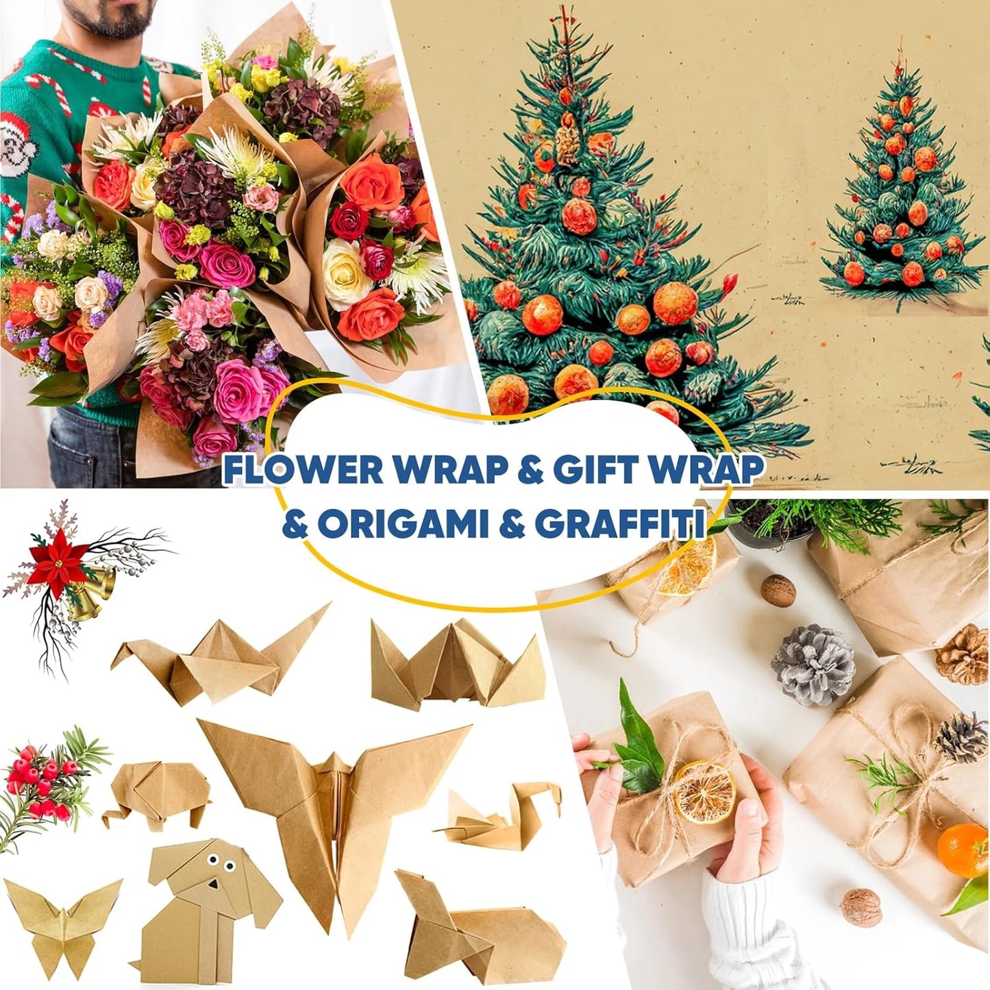 Brown Wrapping Paper, Kraft Paper Roll, Craft Decorative Paper 15" x 450" | Packing Paper for Moving Shipping Supplies, Poster Bulletin Board Paper Roll,Father Day Bouquet Flower Arts Crafts Gift Wrap