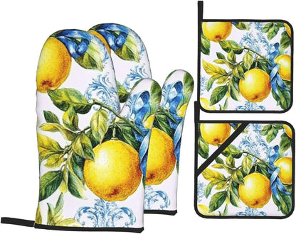 4 Pcs Oven Mitts and Pot Holders Sets, Retro Lemon Fruit (4) Kitchen Heat Resistant Oven Gloves and Potholders for Cooking Baking Grilling BBQ