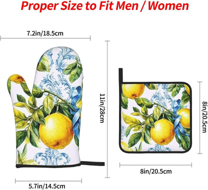 4 Pcs Oven Mitts and Pot Holders Sets, Retro Lemon Fruit (4) Kitchen Heat Resistant Oven Gloves and Potholders for Cooking Baking Grilling BBQ