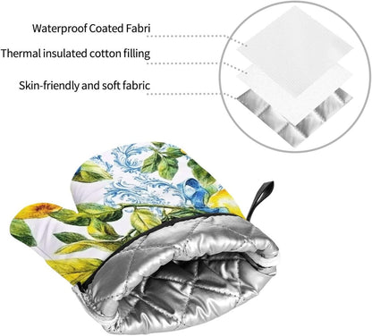 4 Pcs Oven Mitts and Pot Holders Sets, Retro Lemon Fruit (4) Kitchen Heat Resistant Oven Gloves and Potholders for Cooking Baking Grilling BBQ