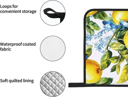 4 Pcs Oven Mitts and Pot Holders Sets, Retro Lemon Fruit (4) Kitchen Heat Resistant Oven Gloves and Potholders for Cooking Baking Grilling BBQ