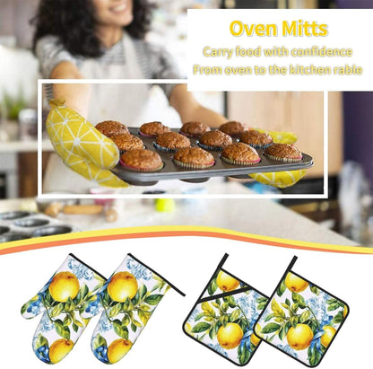 4 Pcs Oven Mitts and Pot Holders Sets, Retro Lemon Fruit (4) Kitchen Heat Resistant Oven Gloves and Potholders for Cooking Baking Grilling BBQ