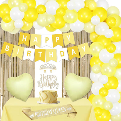 Butter Yellow Birthday Party Decorations Kit, for Women | Macaron Balloon Garland Arch Set, with Fringe Backdrop Banner, Cake Topper, Tiara Sash, Table Cover Heart Balloons