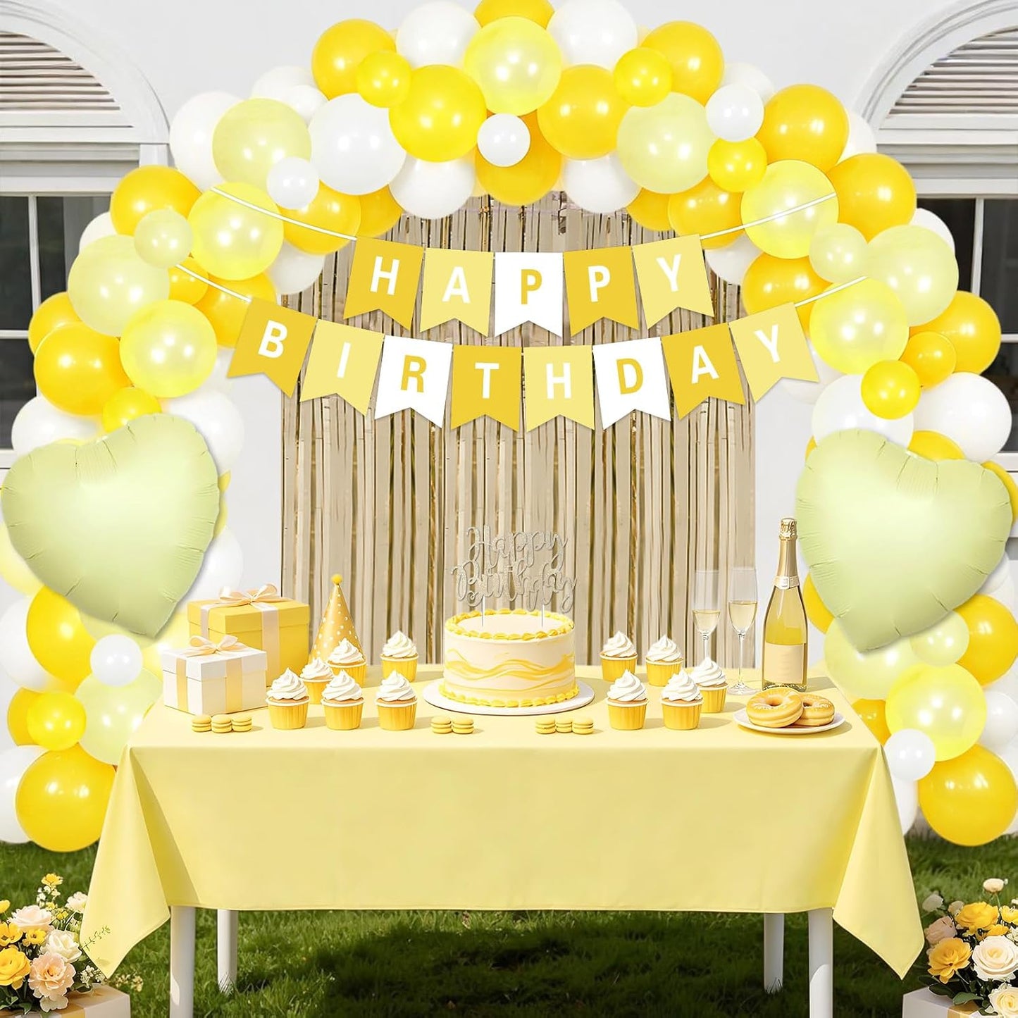 Butter Yellow Birthday Party Decorations Kit, for Women | Macaron Balloon Garland Arch Set, with Fringe Backdrop Banner, Cake Topper, Tiara Sash, Table Cover Heart Balloons