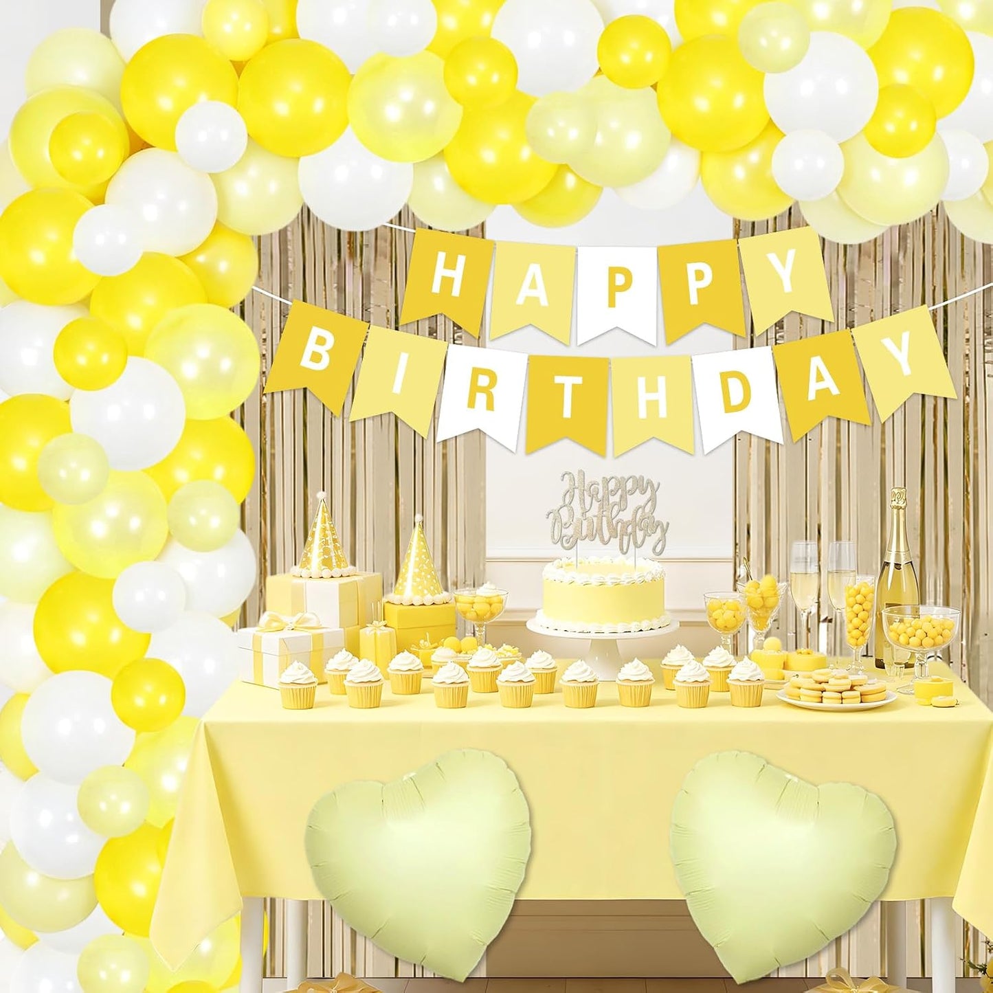 Butter Yellow Birthday Party Decorations Kit, for Women | Macaron Balloon Garland Arch Set, with Fringe Backdrop Banner, Cake Topper, Tiara Sash, Table Cover Heart Balloons