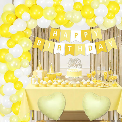 Butter Yellow Birthday Party Decorations Kit, for Women | Macaron Balloon Garland Arch Set, with Fringe Backdrop Banner, Cake Topper, Tiara Sash, Table Cover Heart Balloons