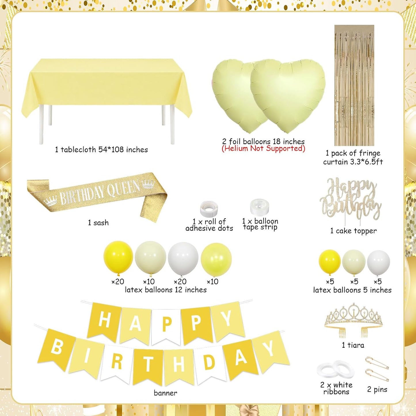 Butter Yellow Birthday Party Decorations Kit, for Women | Macaron Balloon Garland Arch Set, with Fringe Backdrop Banner, Cake Topper, Tiara Sash, Table Cover Heart Balloons
