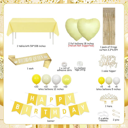 Butter Yellow Birthday Party Decorations Kit, for Women | Macaron Balloon Garland Arch Set, with Fringe Backdrop Banner, Cake Topper, Tiara Sash, Table Cover Heart Balloons