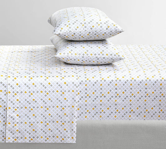 Feather & Stitch Softest 100% Cotton Sheets, 300 Thread Count Percale Weave Bedding, 16" Deep Pocket, Cooling Sheets, Breathable Bed Set, Hotel Premium Quality (Full, Yellow Diamond)
