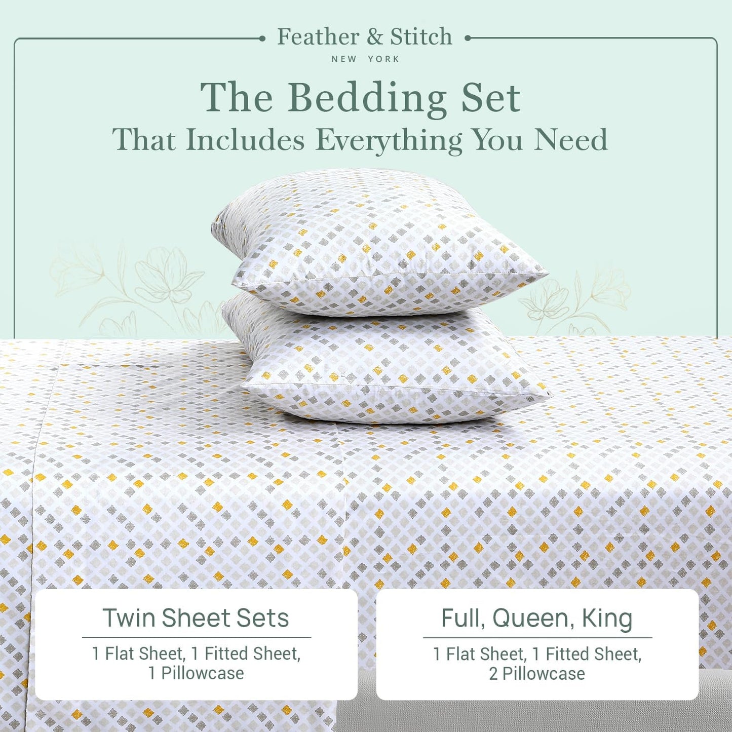 Feather & Stitch Softest 100% Cotton Sheets, 300 Thread Count Percale Weave Bedding, 16" Deep Pocket, Cooling Sheets, Breathable Bed Set, Hotel Premium Quality (Full, Yellow Diamond)