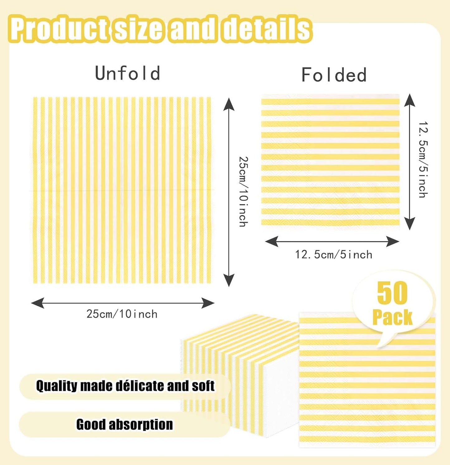 50 Pieces Yellow Striped Napkins Disposable 3-Ply Yellow and White Striped Cocktail Napkins Paper Dinner Napkins for Birthday Baby Shower Wedding Party Beverage Napkin