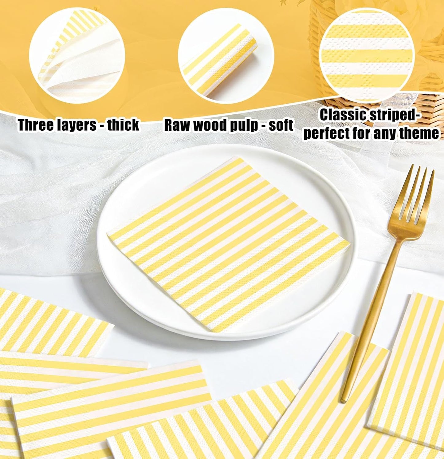 50 Pieces Yellow Striped Napkins Disposable 3-Ply Yellow and White Striped Cocktail Napkins Paper Dinner Napkins for Birthday Baby Shower Wedding Party Beverage Napkin