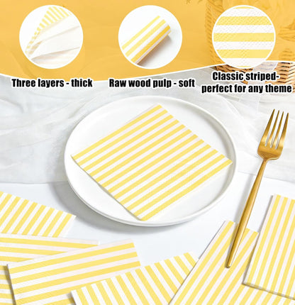 50 Pieces Yellow Striped Napkins Disposable 3-Ply Yellow and White Striped Cocktail Napkins Paper Dinner Napkins for Birthday Baby Shower Wedding Party Beverage Napkin