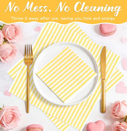 50 Pieces Yellow Striped Napkins Disposable 3-Ply Yellow and White Striped Cocktail Napkins Paper Dinner Napkins for Birthday Baby Shower Wedding Party Beverage Napkin