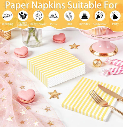 50 Pieces Yellow Striped Napkins Disposable 3-Ply Yellow and White Striped Cocktail Napkins Paper Dinner Napkins for Birthday Baby Shower Wedding Party Beverage Napkin