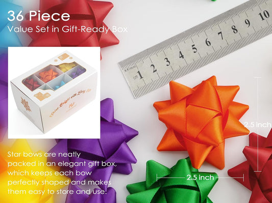 36 Pcs Rainbow Bows for Gift Wrapping 2.5 inch Self Adhesive Yellow/Orange/Red/Purple/Blue/Emerald Green Satin Gift Bows for Presents DIY Crafts Birthday Pride Day Party Decor