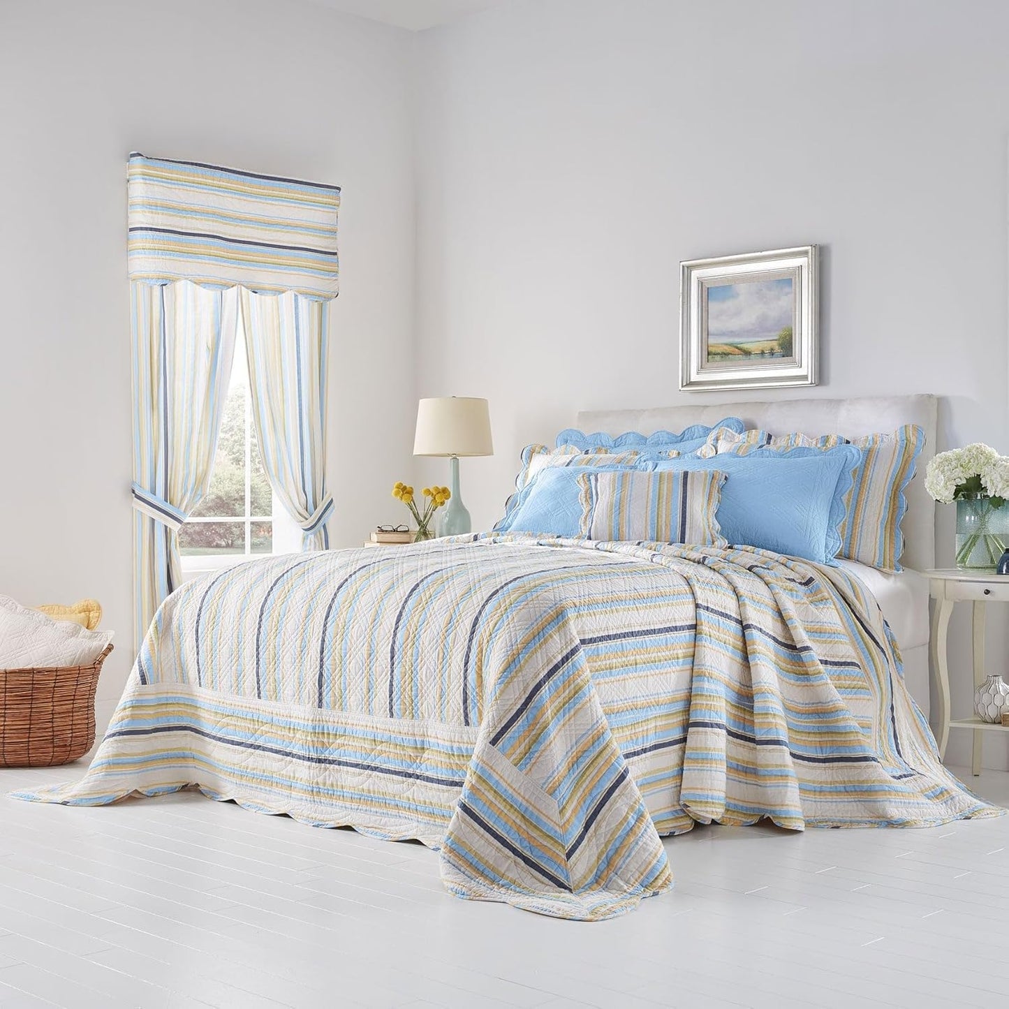 100% Cotton Florence Oversized Bedspread - Queen, Sky Blue Stripe