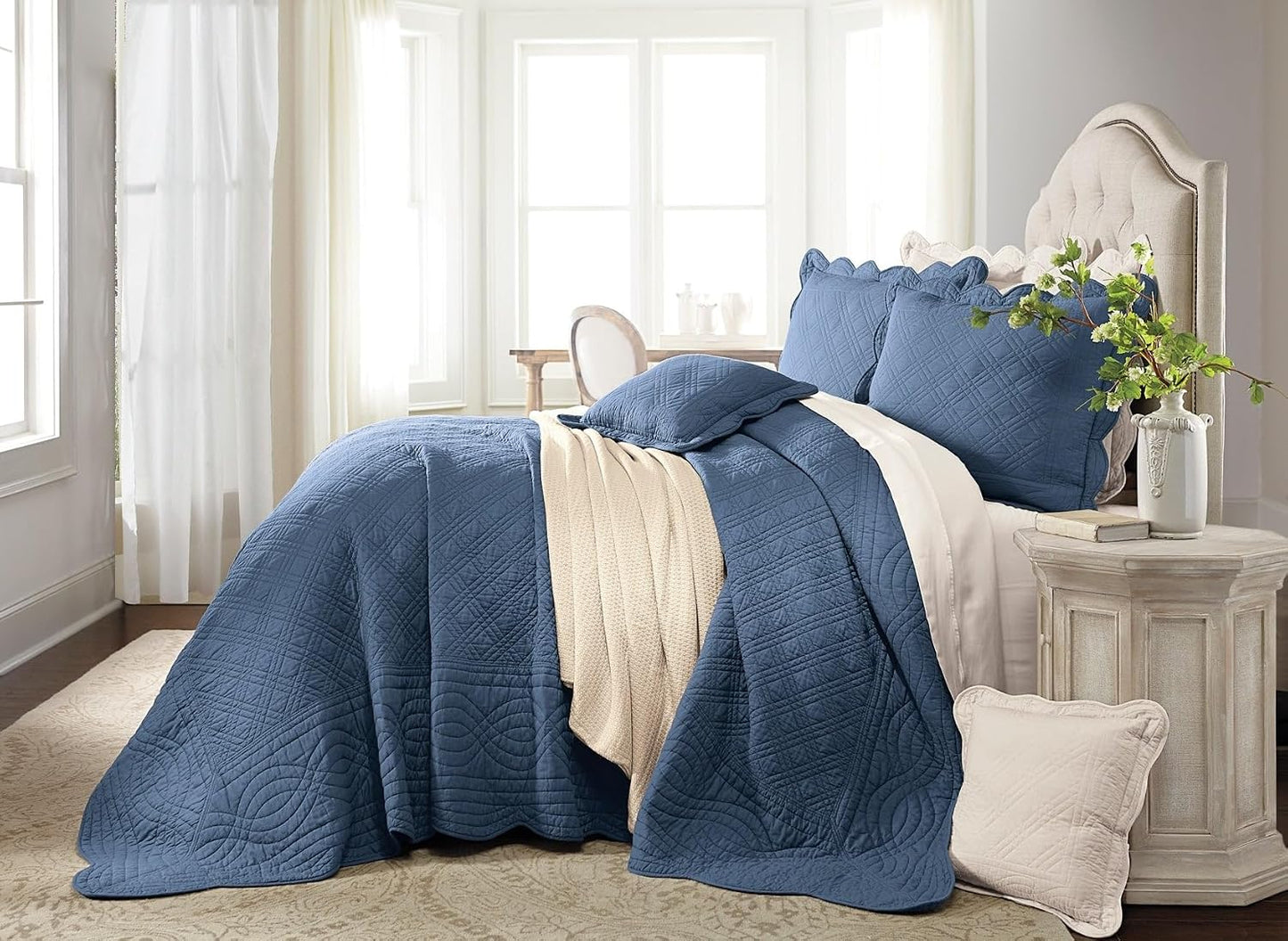 100% Cotton Florence Oversized Bedspread - Queen, Sky Blue Stripe