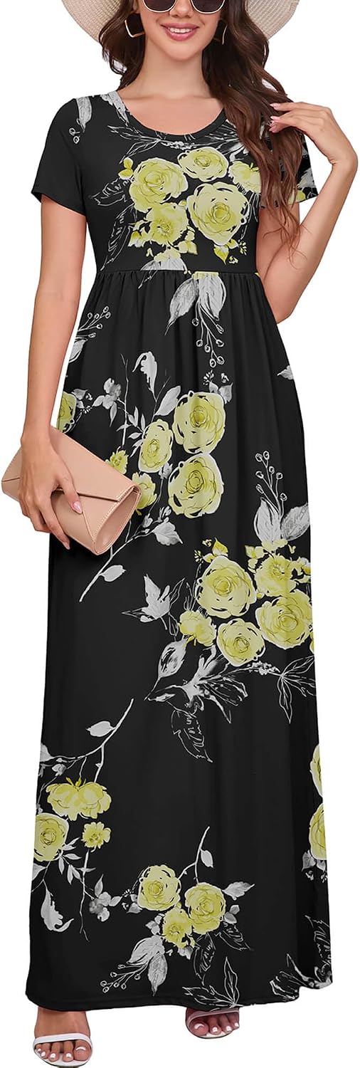 Maxi Dress for Women Short Sleeve Casual Summer Loose Plain Comfy Long Dresses with Pockets
