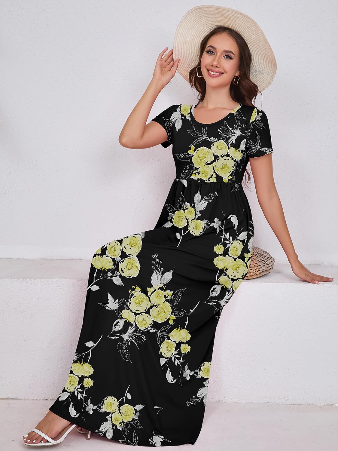 Maxi Dress for Women Short Sleeve Casual Summer Loose Plain Comfy Long Dresses with Pockets