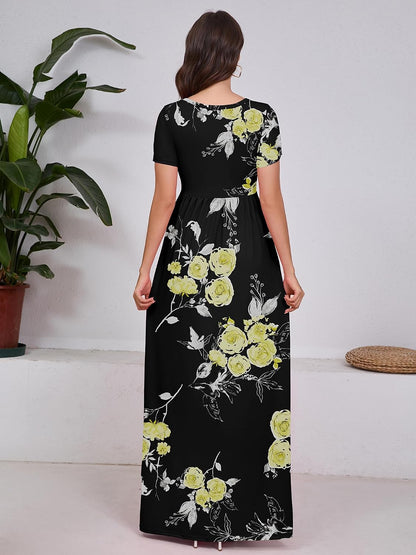 Maxi Dress for Women Short Sleeve Casual Summer Loose Plain Comfy Long Dresses with Pockets