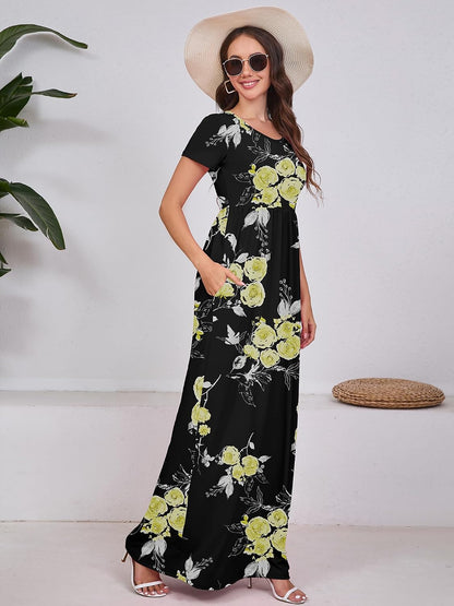 Maxi Dress for Women Short Sleeve Casual Summer Loose Plain Comfy Long Dresses with Pockets
