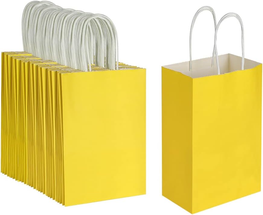100 Pack 5.25x3.25x8.25 Inch Small Yellow Kraft Paper Bags with Handles Bulk for Birthday Wedding Party Favors Grocery Retail Shopping Business Goody Craft Gift Bags Cub Sacks (100pcs Count)