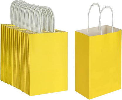 100 Pack 5.25x3.25x8.25 Inch Small Yellow Kraft Paper Bags with Handles Bulk for Birthday Wedding Party Favors Grocery Retail Shopping Business Goody Craft Gift Bags Cub Sacks (100pcs Count)