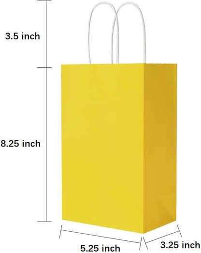 100 Pack 5.25x3.25x8.25 Inch Small Yellow Kraft Paper Bags with Handles Bulk for Birthday Wedding Party Favors Grocery Retail Shopping Business Goody Craft Gift Bags Cub Sacks (100pcs Count)