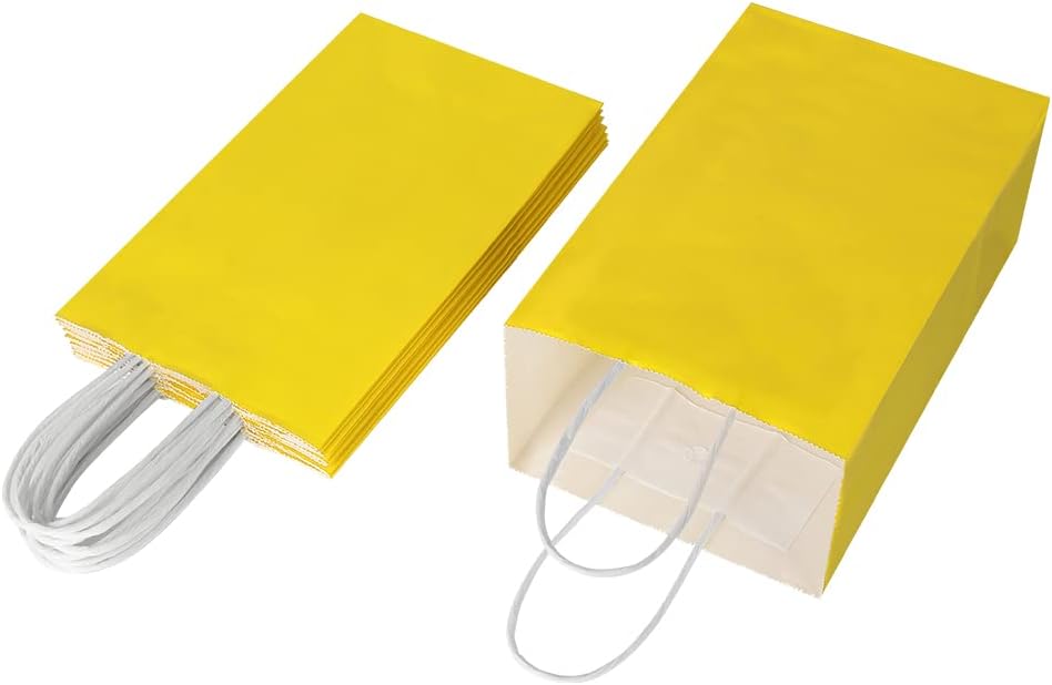 100 Pack 5.25x3.25x8.25 Inch Small Yellow Kraft Paper Bags with Handles Bulk for Birthday Wedding Party Favors Grocery Retail Shopping Business Goody Craft Gift Bags Cub Sacks (100pcs Count)