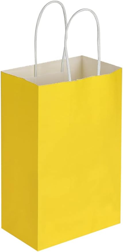 100 Pack 5.25x3.25x8.25 Inch Small Yellow Kraft Paper Bags with Handles Bulk for Birthday Wedding Party Favors Grocery Retail Shopping Business Goody Craft Gift Bags Cub Sacks (100pcs Count)