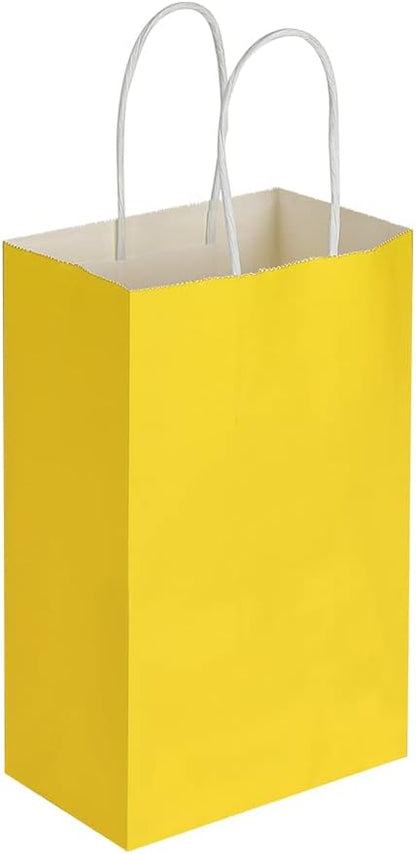 100 Pack 5.25x3.25x8.25 Inch Small Yellow Kraft Paper Bags with Handles Bulk for Birthday Wedding Party Favors Grocery Retail Shopping Business Goody Craft Gift Bags Cub Sacks (100pcs Count)