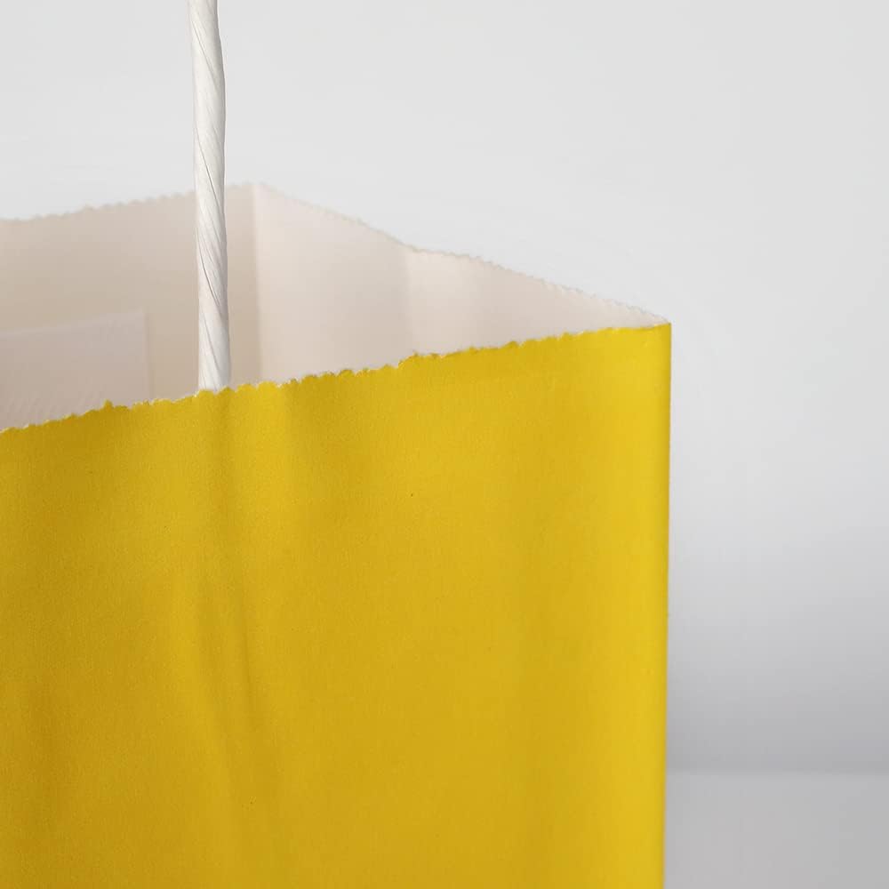 100 Pack 5.25x3.25x8.25 Inch Small Yellow Kraft Paper Bags with Handles Bulk for Birthday Wedding Party Favors Grocery Retail Shopping Business Goody Craft Gift Bags Cub Sacks (100pcs Count)