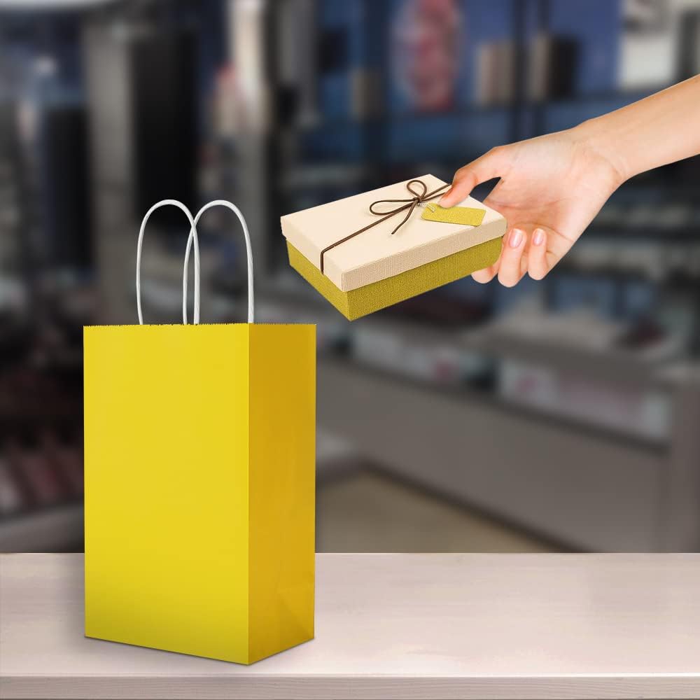 100 Pack 5.25x3.25x8.25 Inch Small Yellow Kraft Paper Bags with Handles Bulk for Birthday Wedding Party Favors Grocery Retail Shopping Business Goody Craft Gift Bags Cub Sacks (100pcs Count)