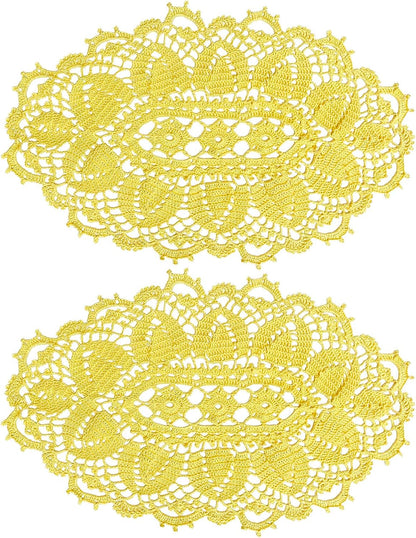 21 Inch Length Oval Lace Crochet Flowers Doilies Tablecloth Placemat Washable Kitchen Vase Doily (Yellow, 2)