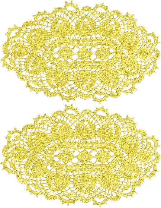 21 Inch Length Oval Lace Crochet Flowers Doilies Tablecloth Placemat Washable Kitchen Vase Doily (Yellow, 2)