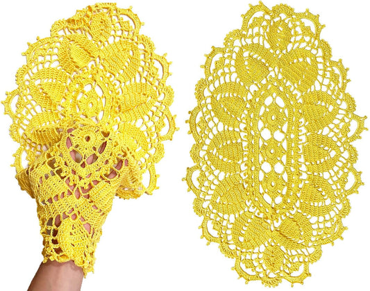 21 Inch Length Oval Lace Crochet Flowers Doilies Tablecloth Placemat Washable Kitchen Vase Doily (Yellow, 2)