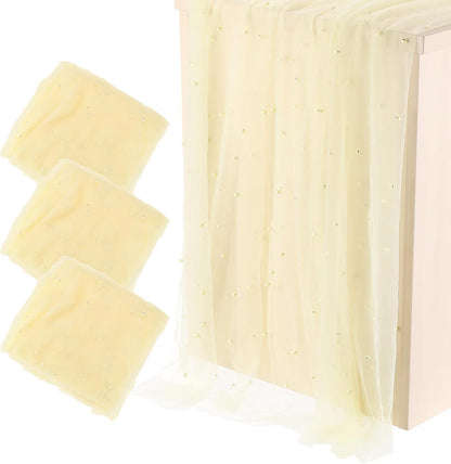 10Ft Pearl Table Runner, 3Pcs Sheer Tulle Fabric Lace Tablecloth Chiffon Wedding Table Cloth for Bridal Shower Birthday Party Dessert Arch Veil Decor, Light Yellow (63x120inch)
