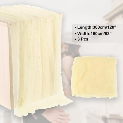 10Ft Pearl Table Runner, 3Pcs Sheer Tulle Fabric Lace Tablecloth Chiffon Wedding Table Cloth for Bridal Shower Birthday Party Dessert Arch Veil Decor, Light Yellow (63x120inch)