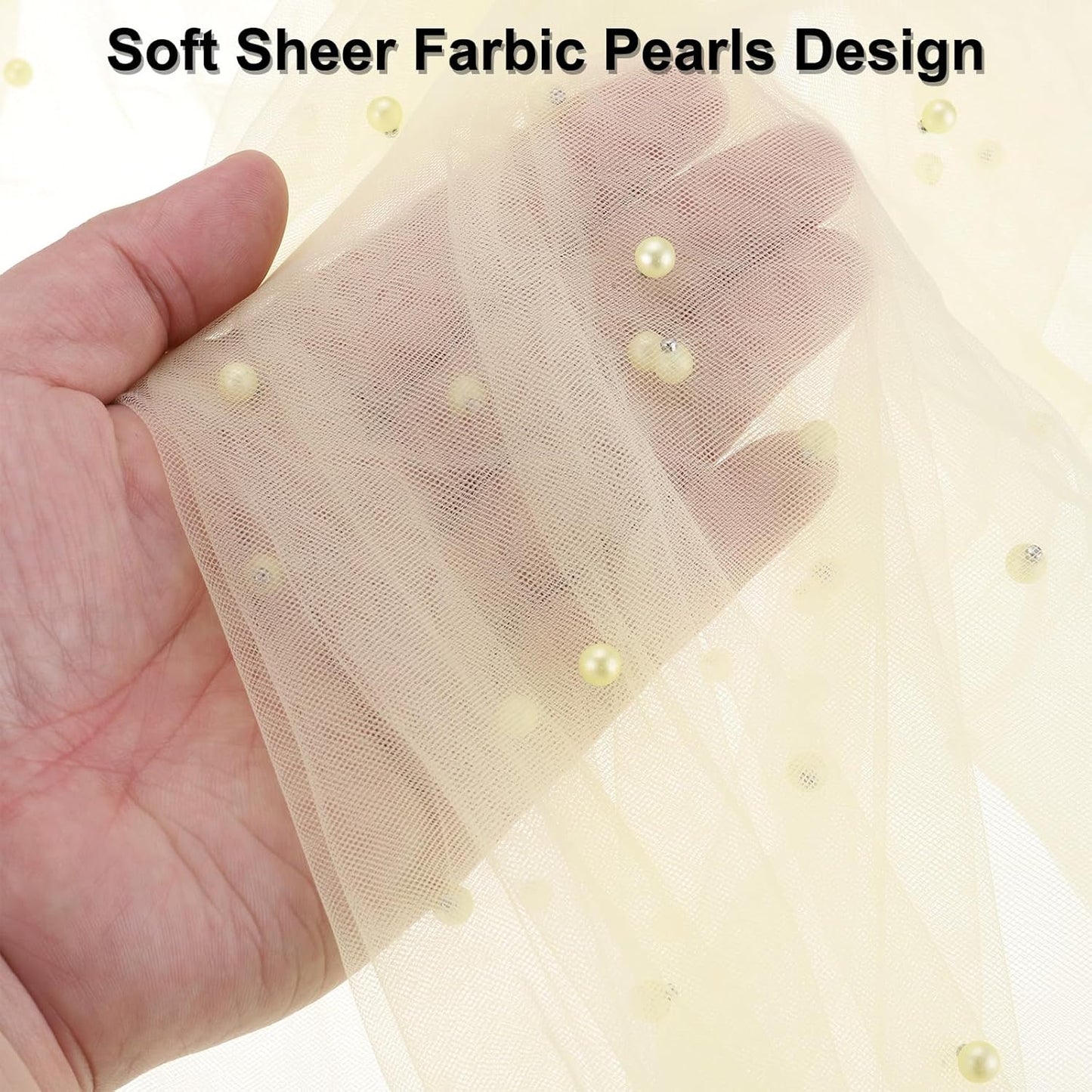 10Ft Pearl Table Runner, 3Pcs Sheer Tulle Fabric Lace Tablecloth Chiffon Wedding Table Cloth for Bridal Shower Birthday Party Dessert Arch Veil Decor, Light Yellow (63x120inch)