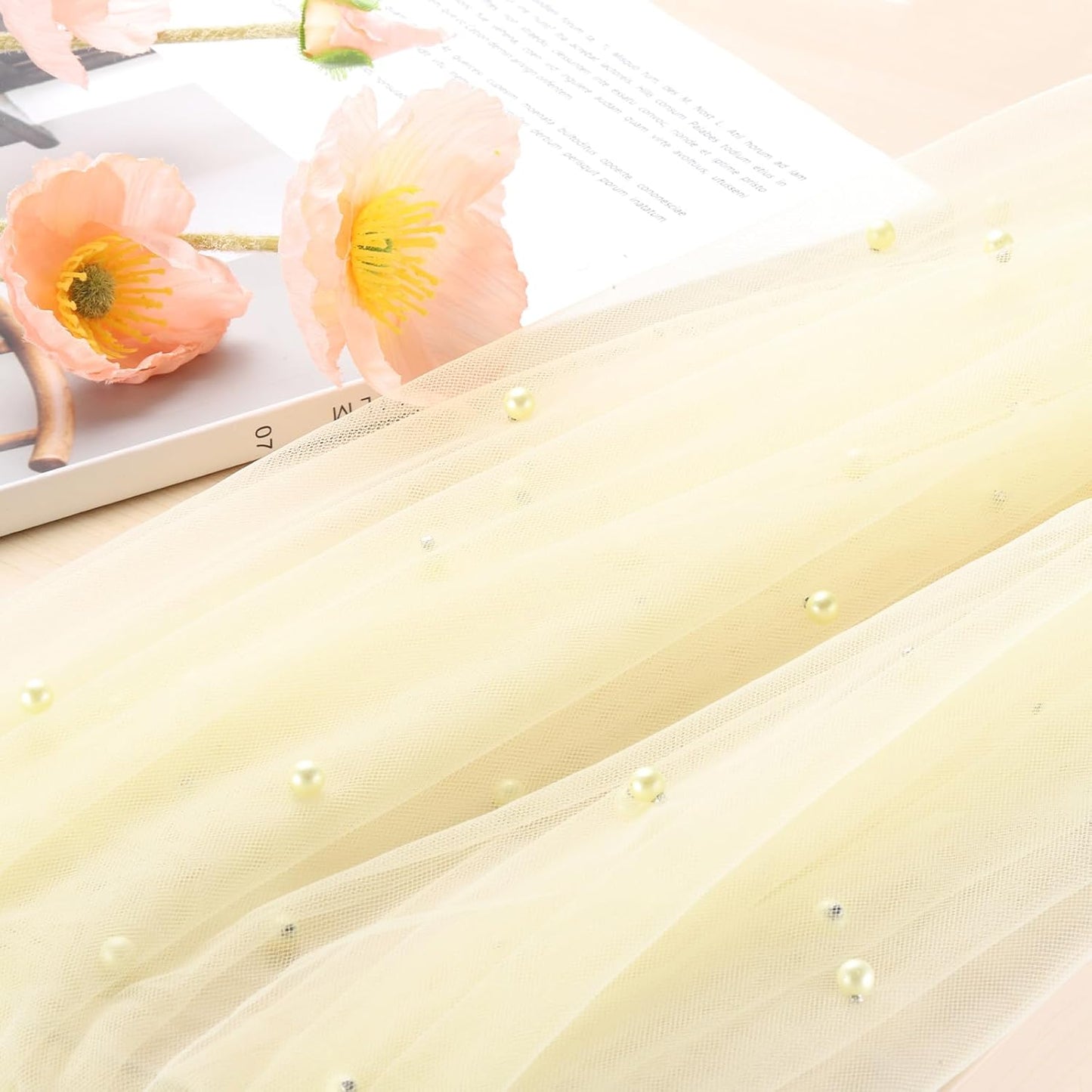 10Ft Pearl Table Runner, 3Pcs Sheer Tulle Fabric Lace Tablecloth Chiffon Wedding Table Cloth for Bridal Shower Birthday Party Dessert Arch Veil Decor, Light Yellow (63x120inch)
