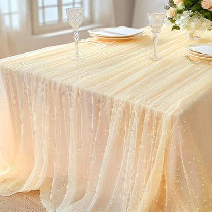 10Ft Pearl Table Runner, 3Pcs Sheer Tulle Fabric Lace Tablecloth Chiffon Wedding Table Cloth for Bridal Shower Birthday Party Dessert Arch Veil Decor, Light Yellow (63x120inch)