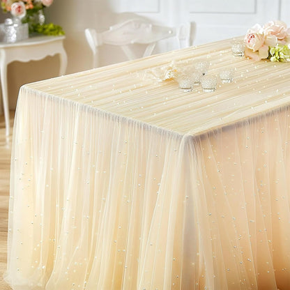 10Ft Pearl Table Runner, 3Pcs Sheer Tulle Fabric Lace Tablecloth Chiffon Wedding Table Cloth for Bridal Shower Birthday Party Dessert Arch Veil Decor, Light Yellow (63x120inch)