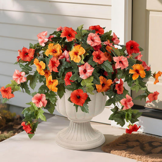 Artificial Fake Flowers for Outdoor Spring Decoration, 2PCS Faux Silk Petunias No Fade UV Resistant Flowers for Outside Garden Porch Yard Balcony Patio Realistic Indoor Decor(Orange)