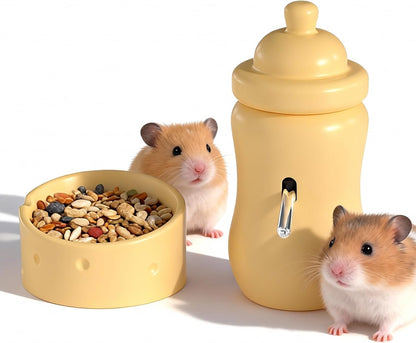 Ceramic Hamster Water Bottle with Stand and Food Bowl Set, Anti Flipping Food Dish and Water Dispenser for Dwarf Hamster Gerbils Syrian Hamster Mice Rats Accessories for Cages (Yellow)